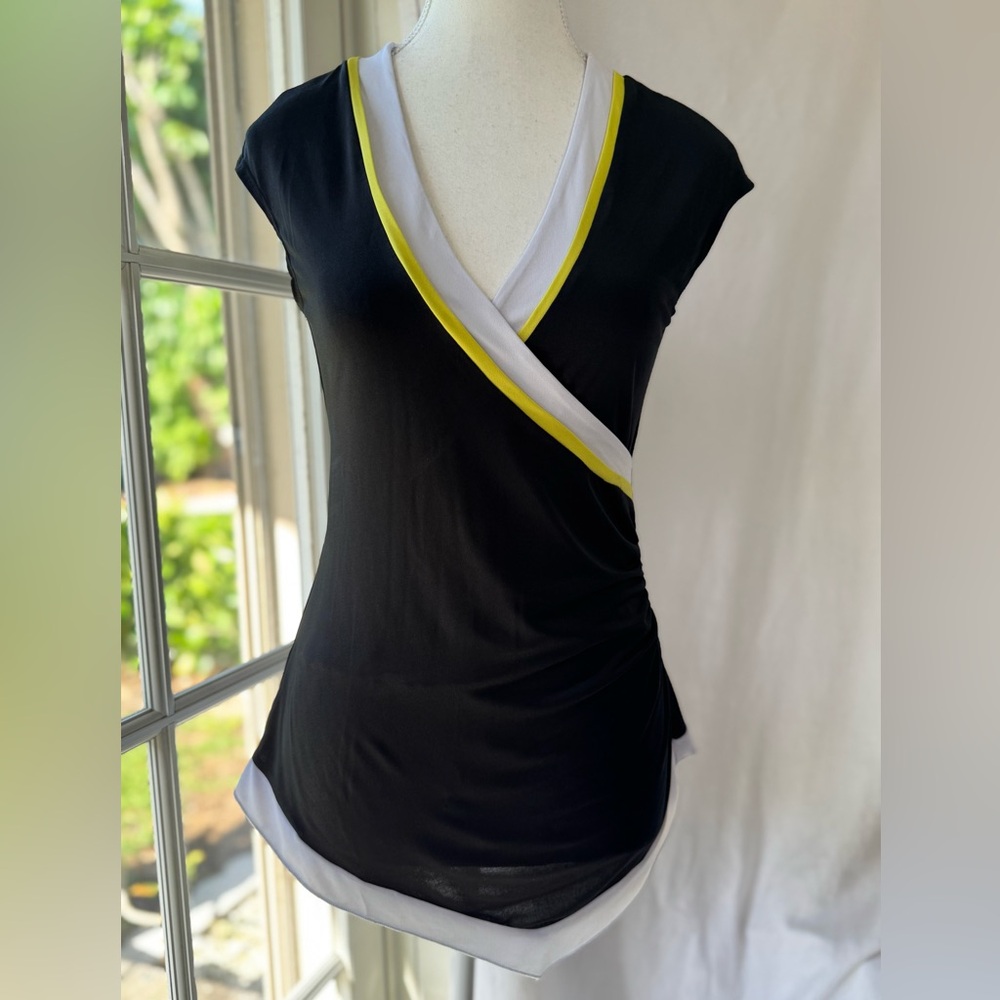 Black, White and Yellow Wrap Blouse with Cap Sleeve